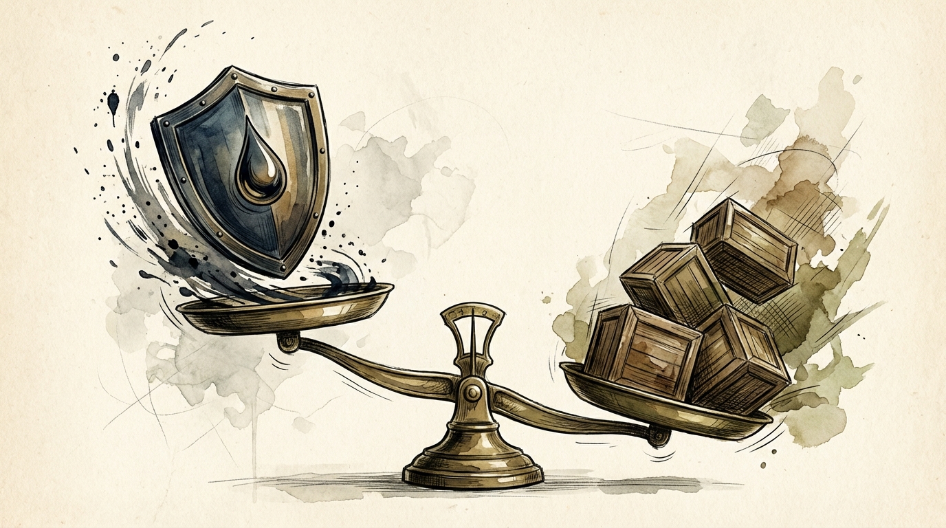 방패와 기름방울이 위로 솟아오르고, 평범한 상자들은 아래로 떨어지고 있는 낡은 저울