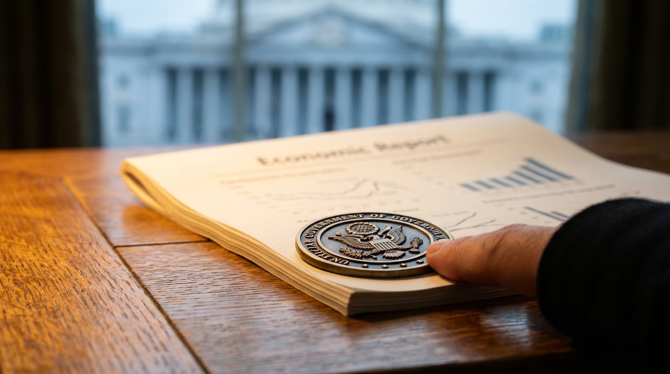 정부 경제 당국의 개입을 상징하는, 세련된 목재 테이블 위에 놓인 구체적인 경제 보고서와 인장