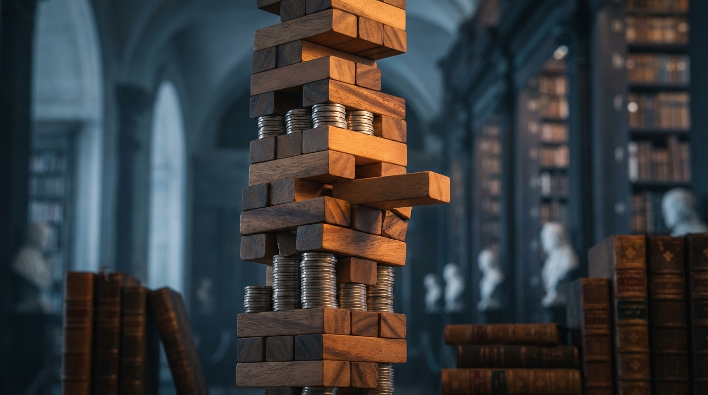 경제가 안정될수록 위험한 투자가 늘어나고 결국 시장이 붕괴된다는 민스키 모멘트를 상징하는, 균형을 잃고 기울어진 거대한 도미노 구조물.