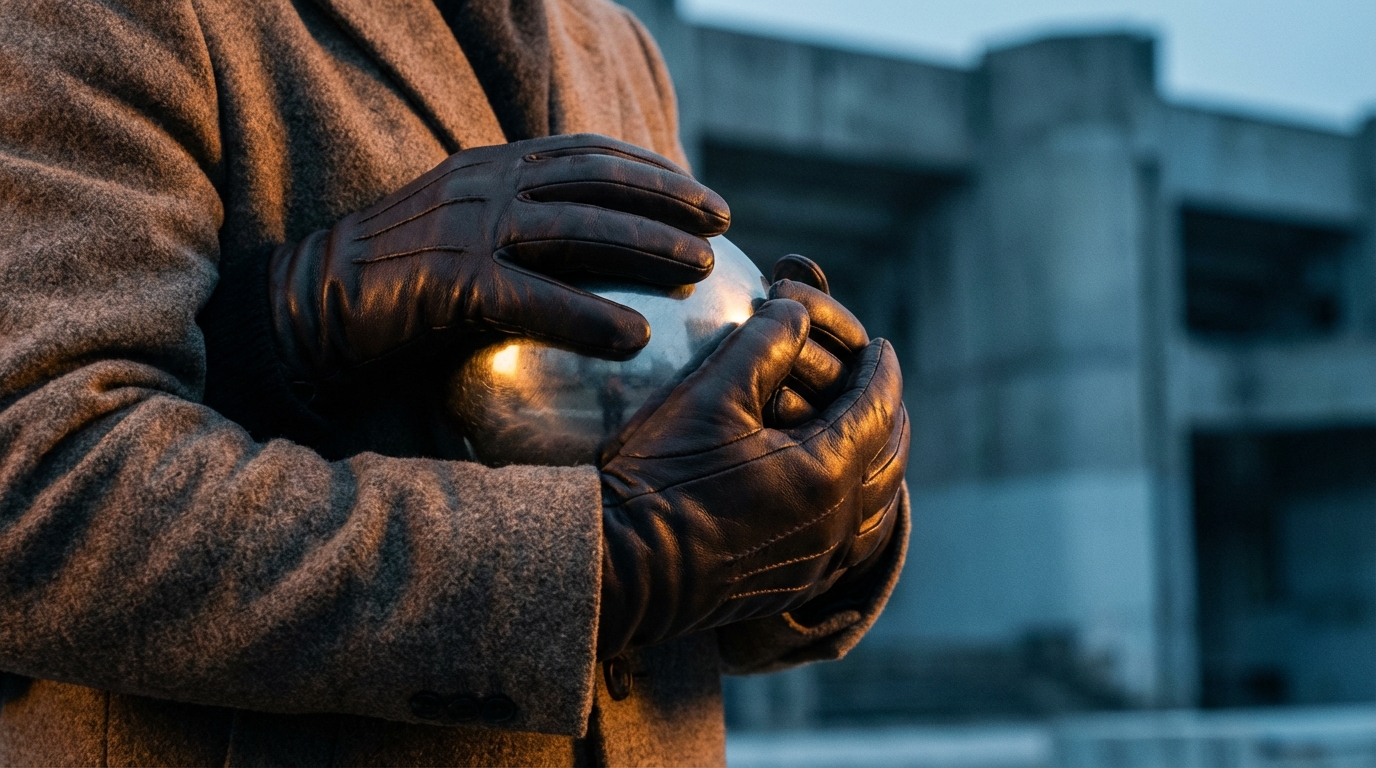 귀중한 금속 구체를 보호하듯 가슴에 꼭 쥐고 있는 가죽 장갑 낀 손의 클로즈업