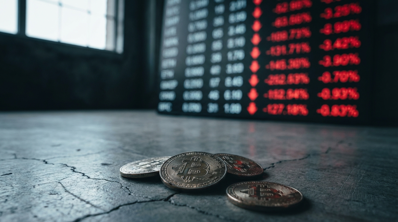 하락하는 주식 전광판과 바닥에 떨어진 비트코인으로 위험자산 하락을 표현한 이미지
