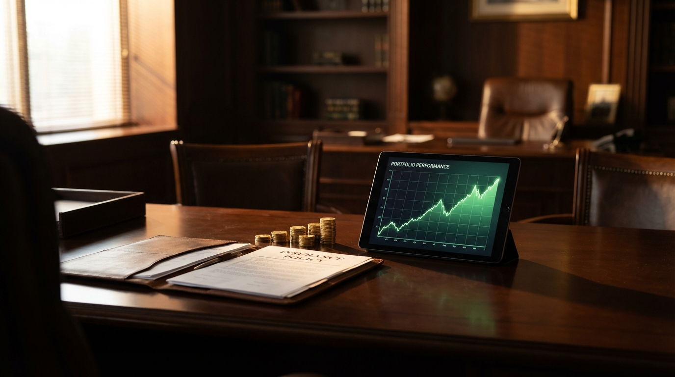 금화, 주식 차트 태블릿, 보험 증서가 균형 있게 배치된 고급스러운 책상 위 포트폴리오