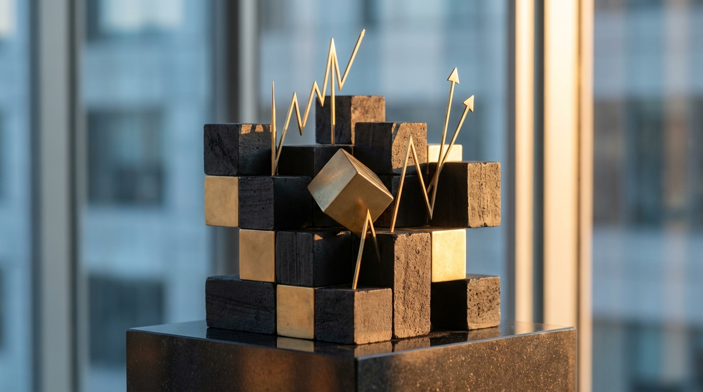 검은색과 금색의 금속 재질로 된 정육면체가 복잡하게 얽혀 있는 구조물과 그 위에 위태롭게 서 있는 스파이크 모양의 조형물.