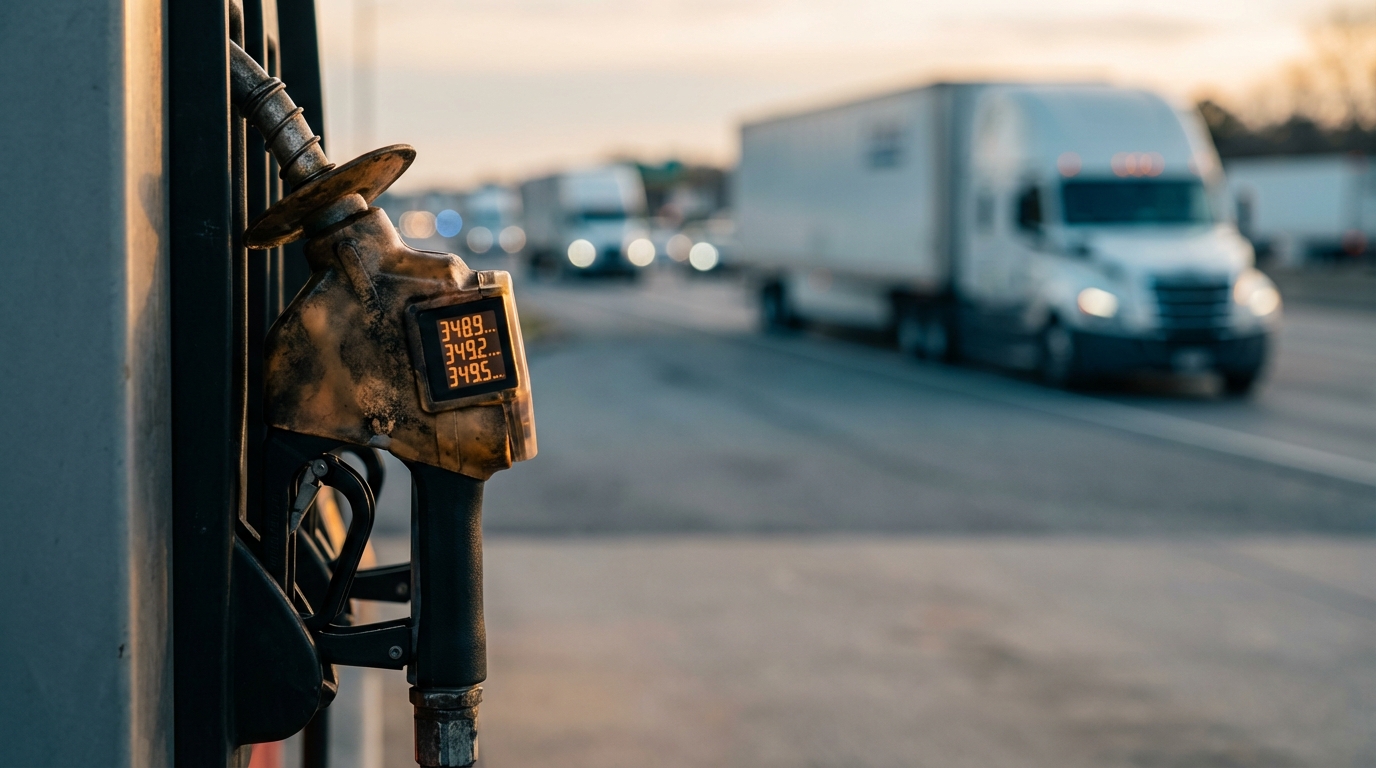 물류 운송의 핵심인 디젤 연료 펌프 손잡이를 클로즈업하여 유가 상승이 직접적인 운송 비용 증가로 이어짐을 시각화한 장면.