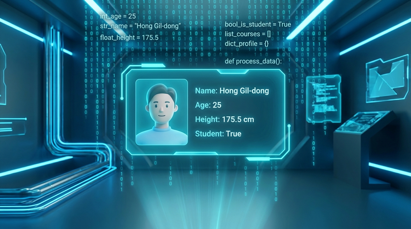 디지털 홀로그램 스타일의 프로필 카드, 이름과 나이 등의 데이터가 표시된 변수와 자료형 시각화