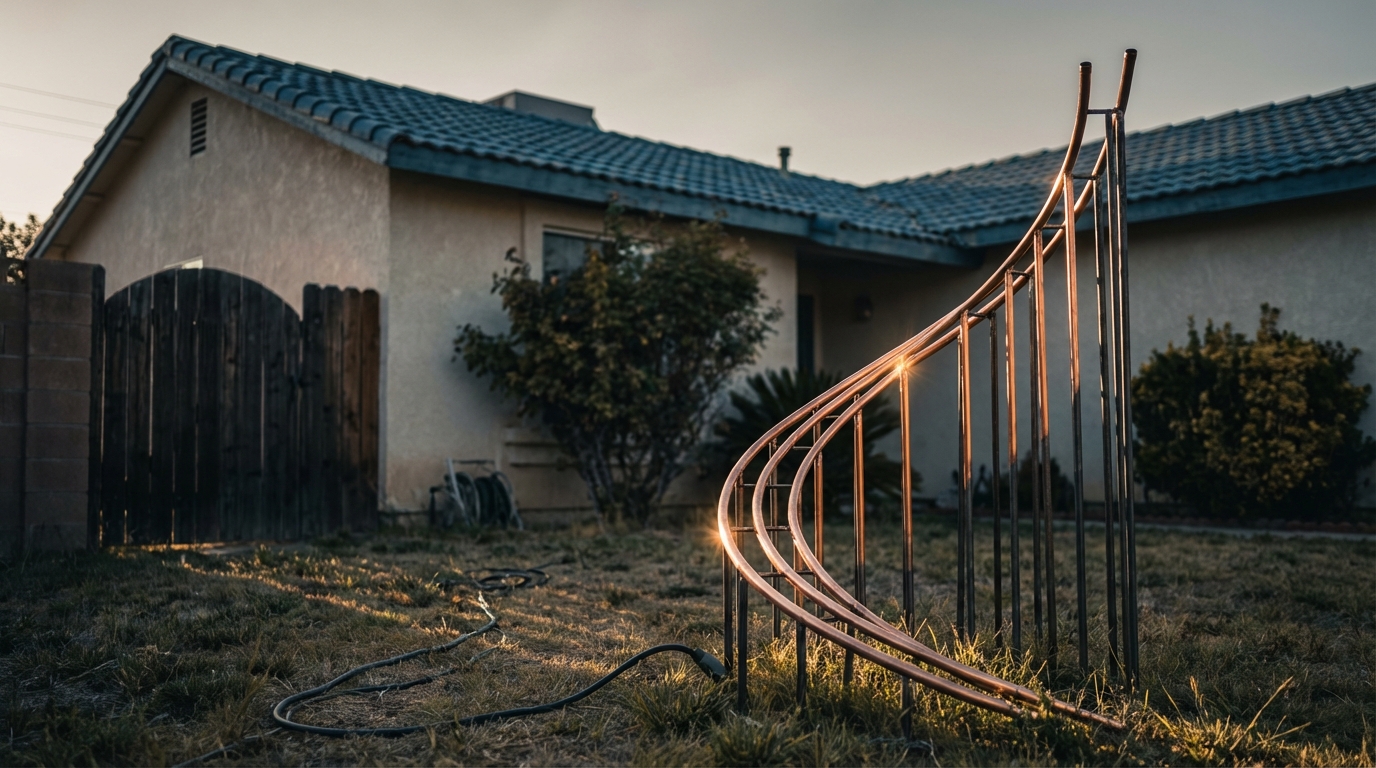 오래된 주택의 대문을 배경으로, 그 앞 마당에 세워진 거대하고 가파른 오르막길 형태의 그래프 조형물.