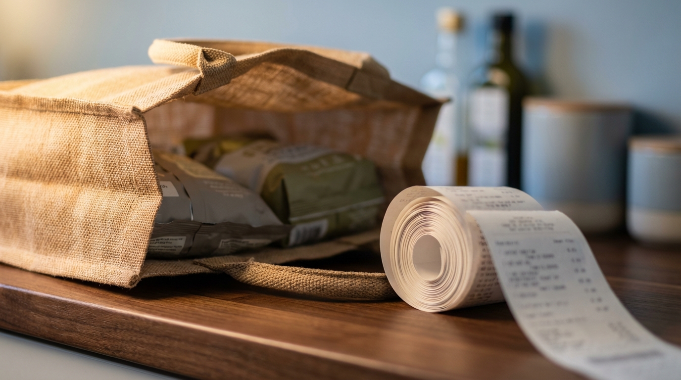 유가 상승으로 인한 인플레이션 국면에서 가계 경제의 불확실성과 물가 상승 압력을 상징하는 장바구니와 영수증 이미지.