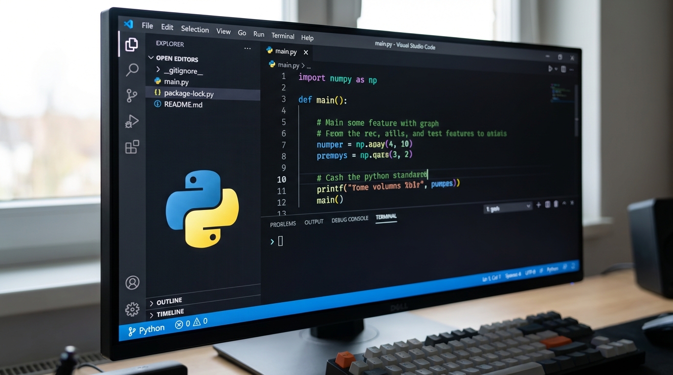 Visual Studio Code 실행 화면 클로즈업, 파이썬 로고가 보이고 어두운 테마의 최신 코드 편집기 모습
