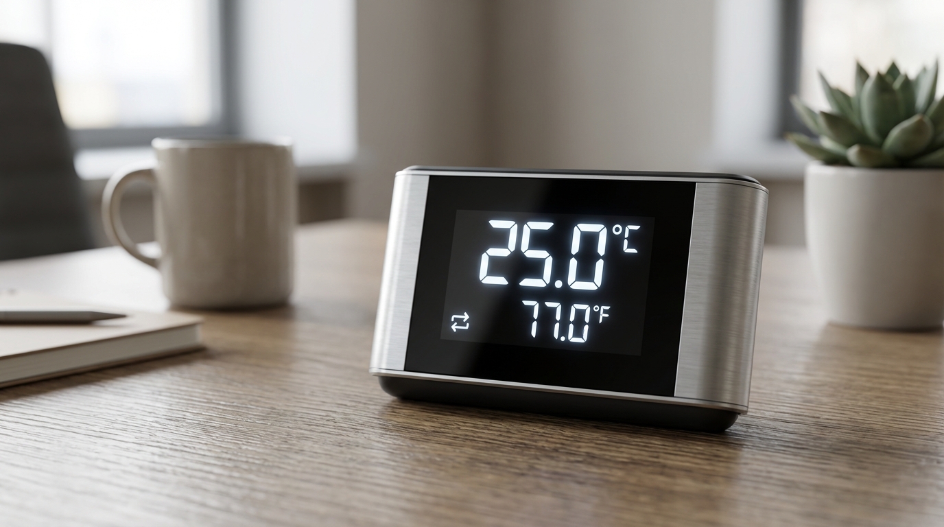 섭씨와 화씨 온도가 동시에 표시되는 현대적인 디지털 온도계, 함수 만들기 예제 표현