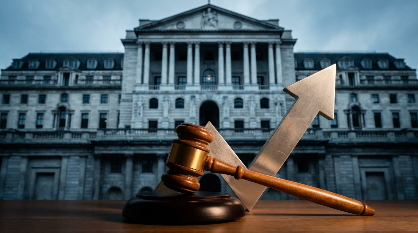 중앙은행 건물 앞의 의사봉과 상승하는 그래프로 금리 인상을 표현한 이미지