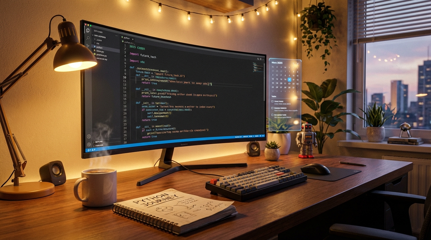 2025년 현대적인 개발자의 책상, 모니터에 파이썬 코드가 띄워져 있고 따뜻한 조명과 커피가 있는 학습 분위기