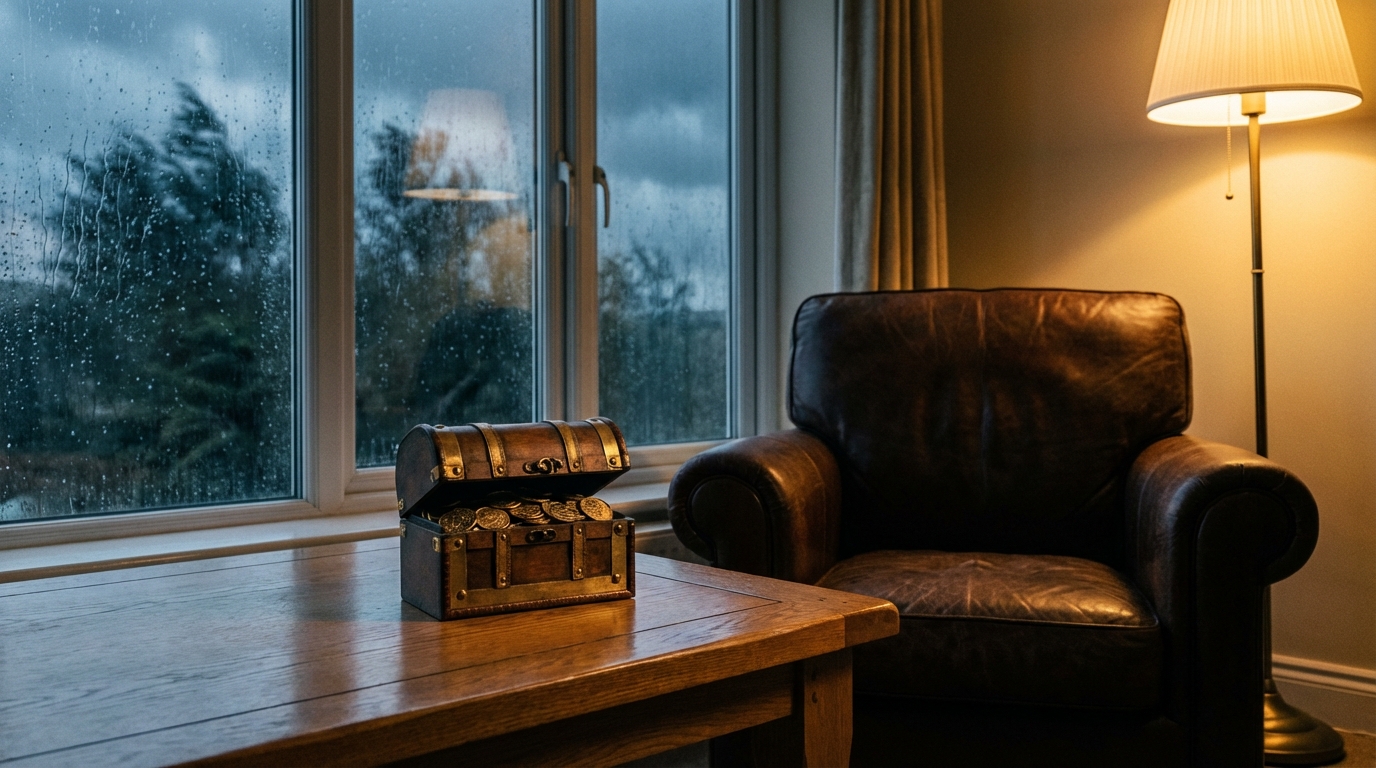 거센 폭우와 흔들리는 나무로 가득한 배경의 창문 너머로, 따뜻한 조명 아래서 빛나는 고급스러운 가죽 의자와 고풍스러운 탁자 위에 놓인 작은 금화 상자를 보여주는 시네마틱한 사진.