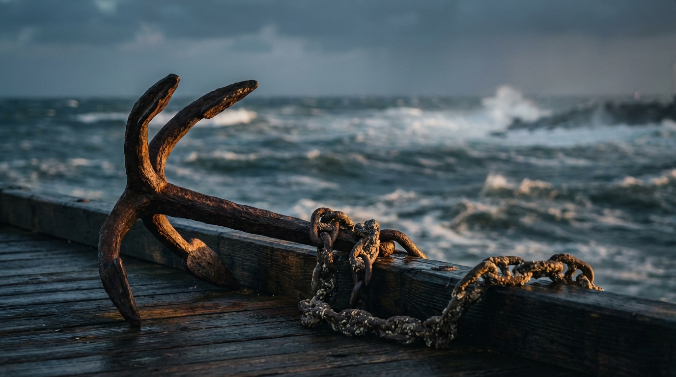 거칠고 거센 파도가 몰아치는 어둡고 푸른 바다 한가운데에 단단히 고정된 대형 선박용 닻과 무거운 쇠사슬을 보여주는 고급 매거진 에디토리얼 사진.