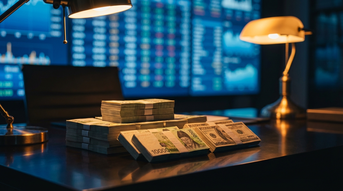 환율 리스크를 보여주는 한국 원화 지폐 다발과 미국 달러 지폐 다발이 금융 트레이딩 룸 배경의 책상 위에 놓인 모습