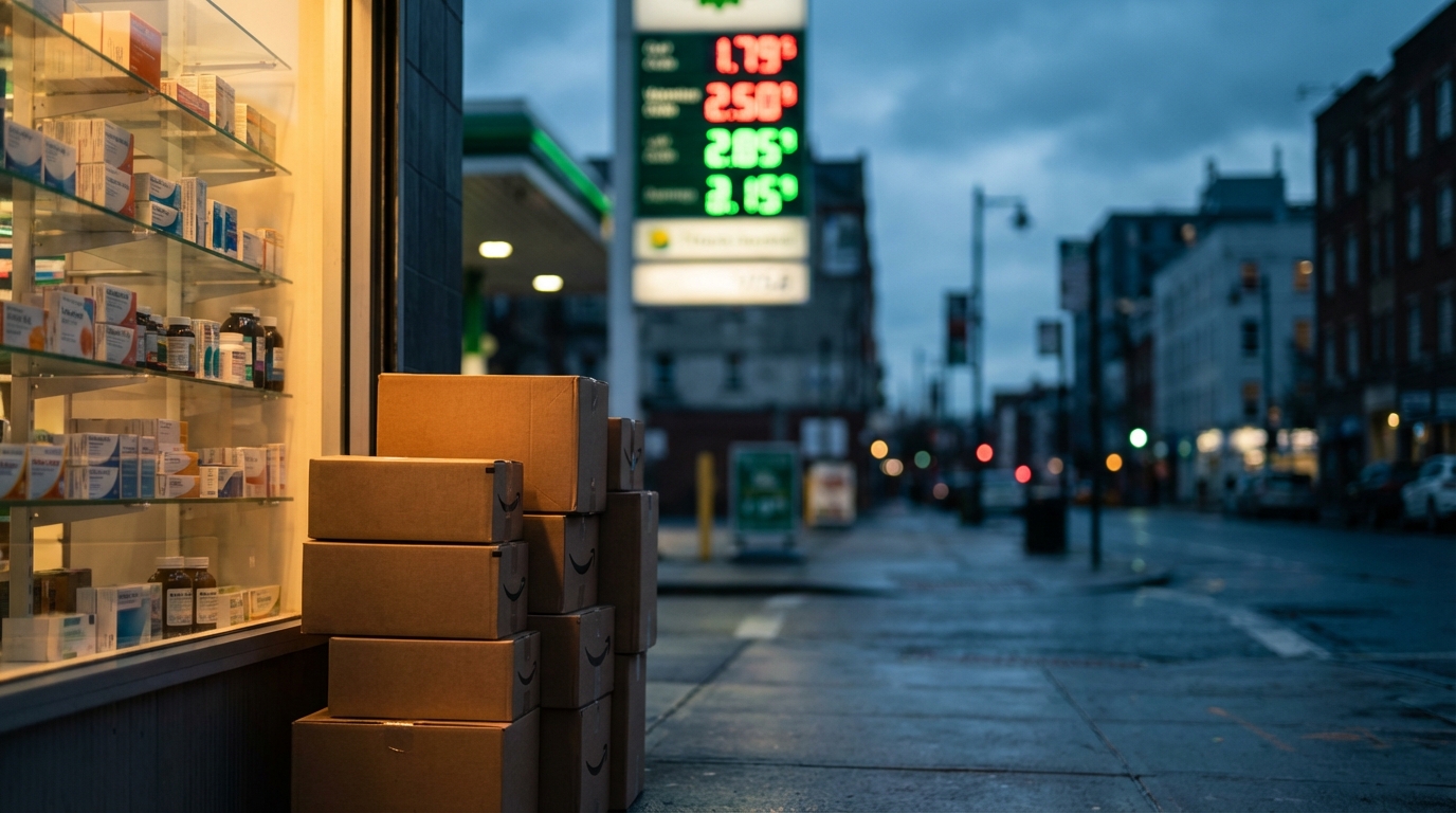 주유소, 약국 진열대, 그리고 택배 상자들이 함께 어우러진 도시의 일상적인 풍경 사진