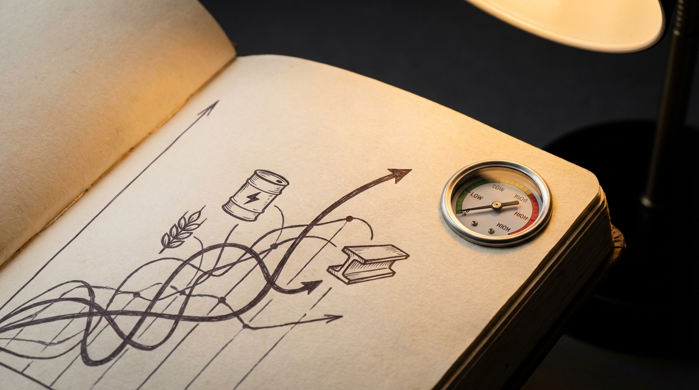 비용 인상 인플레이션 개념을 설명하기 위해, 연쇄적으로 반응하며 상승하는 다양한 원자재와 소비재 가격 그래프 메타포.