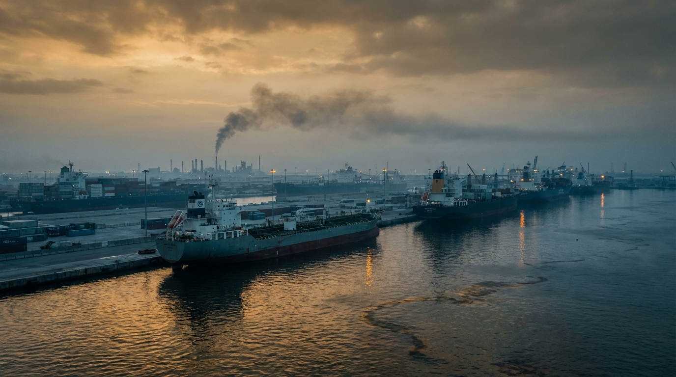 중동 지역의 지정학적 긴장을 상징하는 항구의 불 꺼진 선박들과 어두운 지평선 위로 오르는 희미한 연기