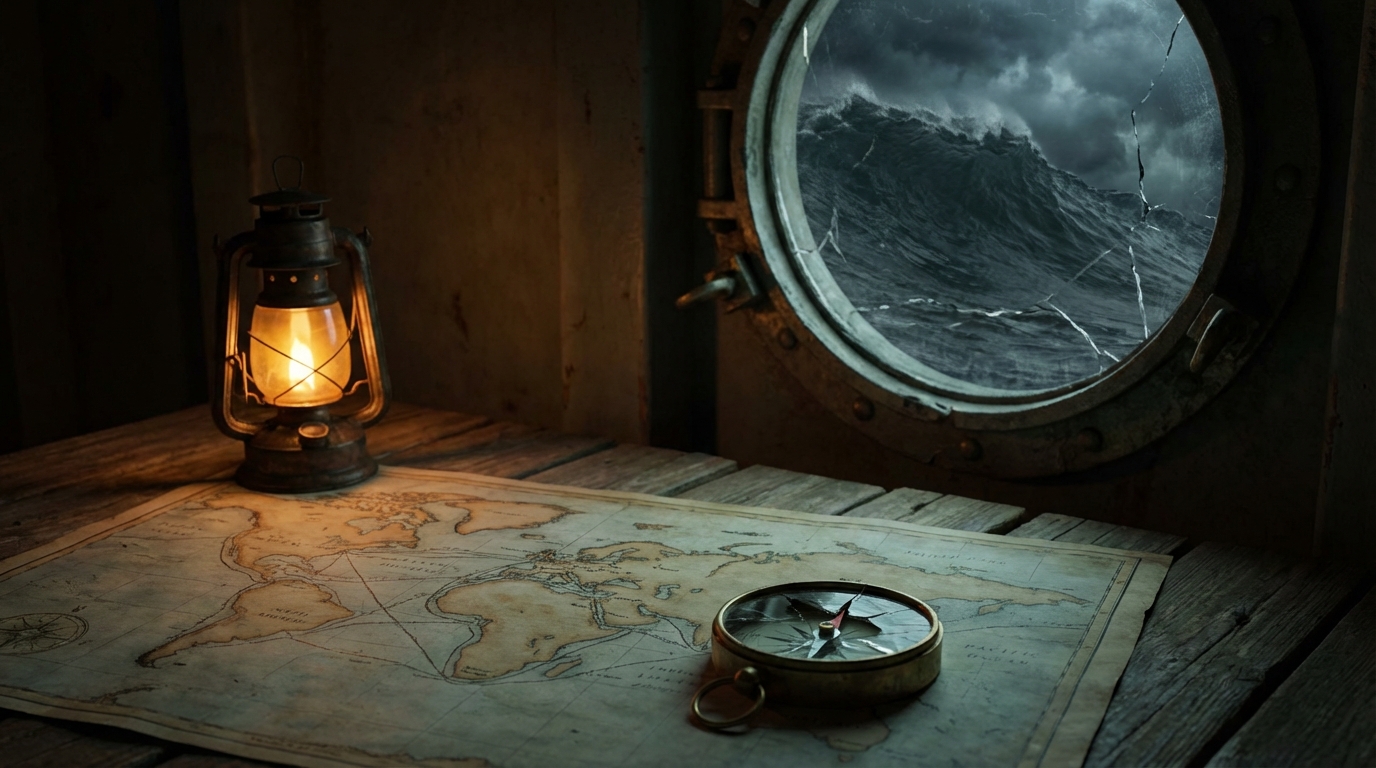 대규모 환매 사태로 인한 위기와 그에 대한 투자자들의 심리적 불안을 상징하는, 폭풍우 속에서 부서지는 나침반과 항해 지도.