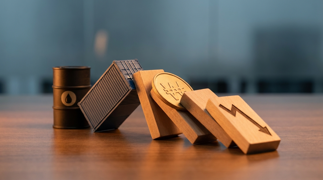 중동발 리스크가 원유, 물류, 환율, 주식 등 경제 전반에 도미노처럼 영향을 미치는 과정을 표현한 이미지.