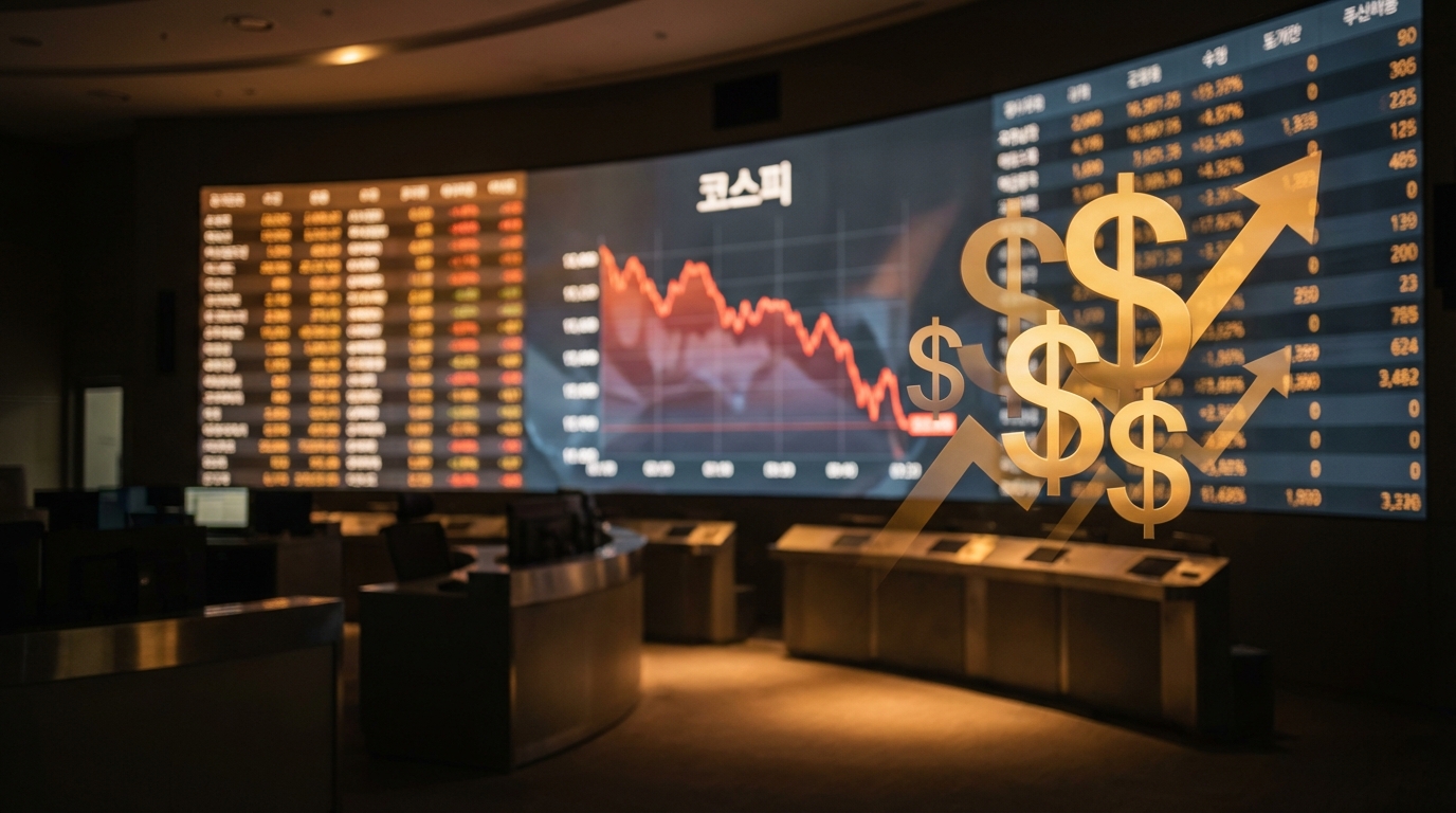 금융 시장 불안으로 인한 투자자들의 안전 자산 선호로 하락하는 코스피 전광판과 상승하는 달러화의 가치를 상징하는 시각적 연출.