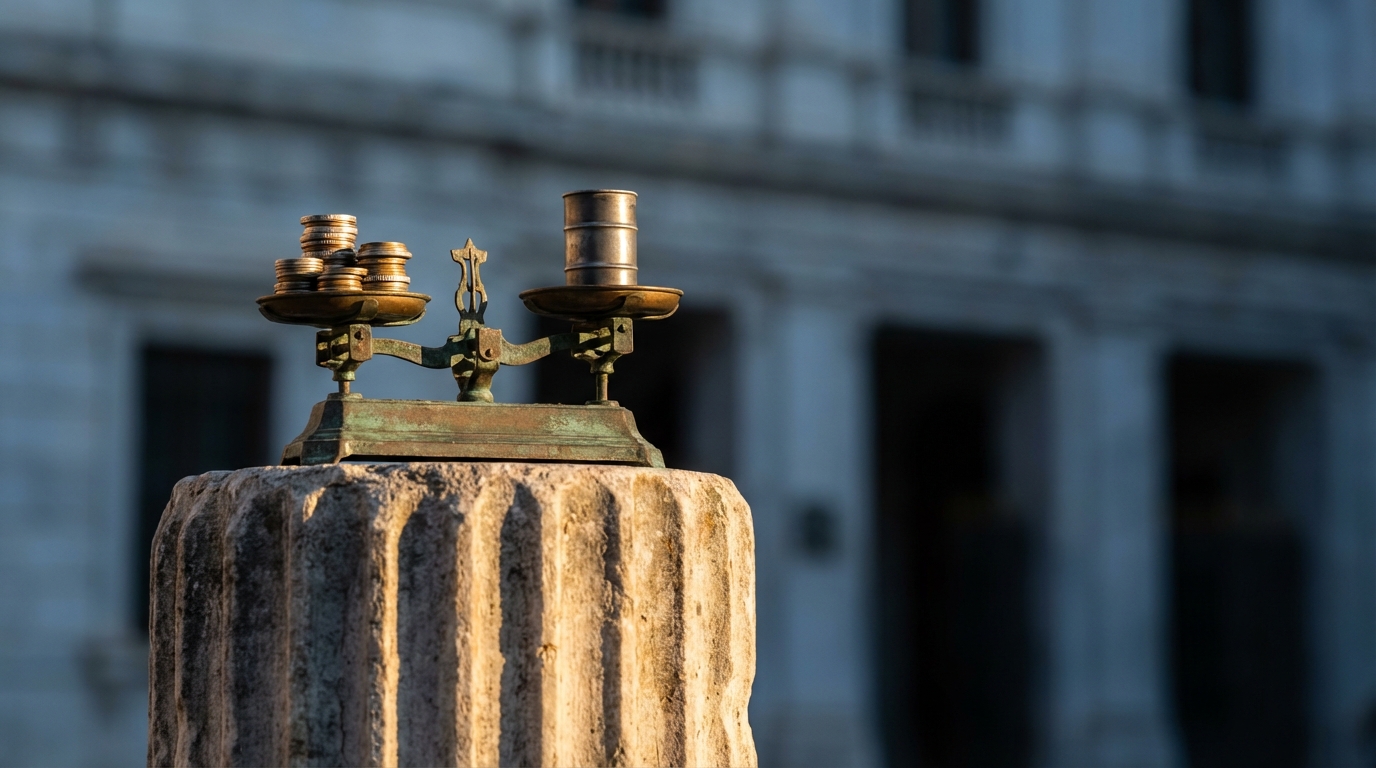 물가 안정을 위해 유가 상승에 맞춰 높은 금리를 유지하는 중앙은행의 단호한 입장을 상징하는 조각상과 은행 건물.