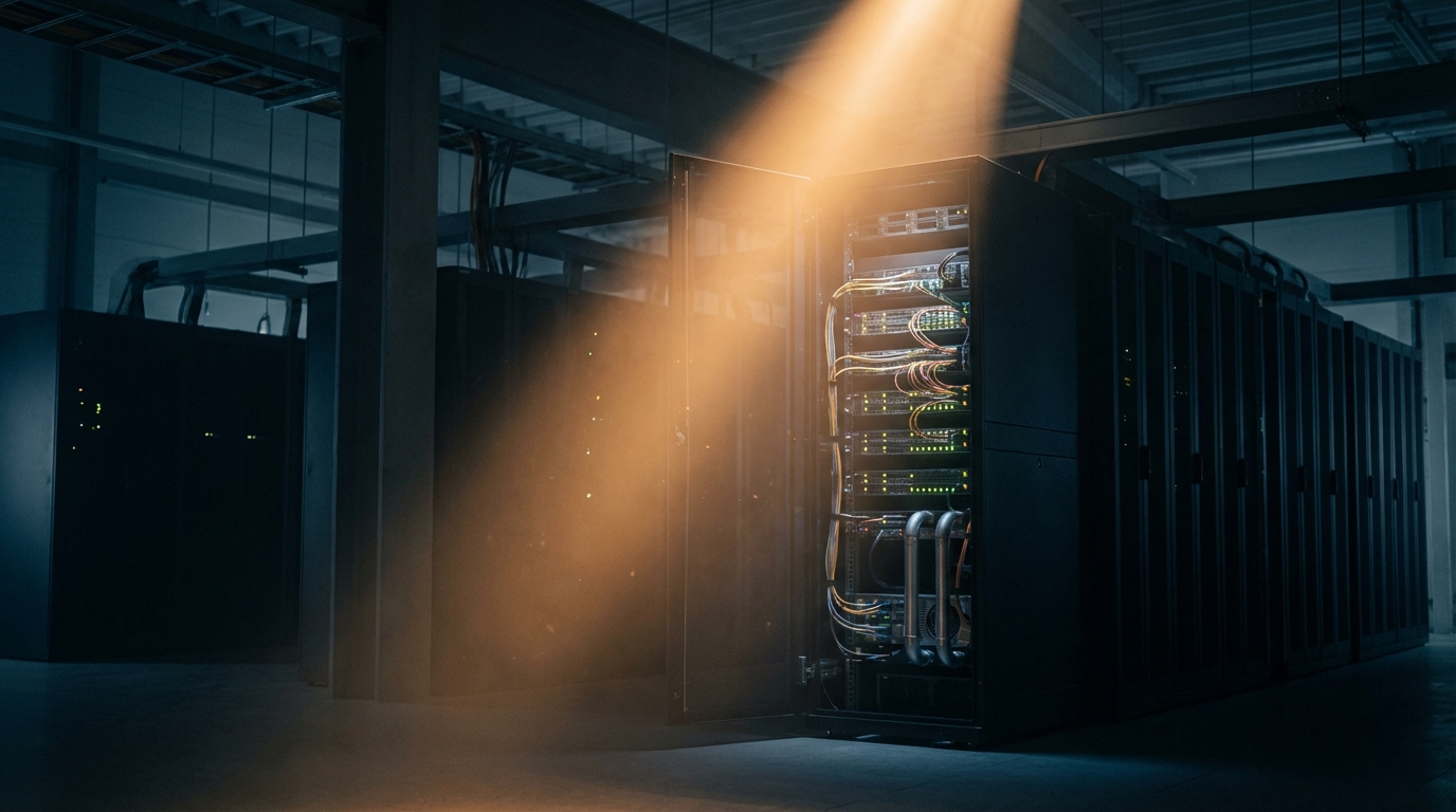 어두운 기업 데이터 서버실을 밝게 비추는 강력한 서치라이트, 감시를 통한 투명성 제고를 상징.