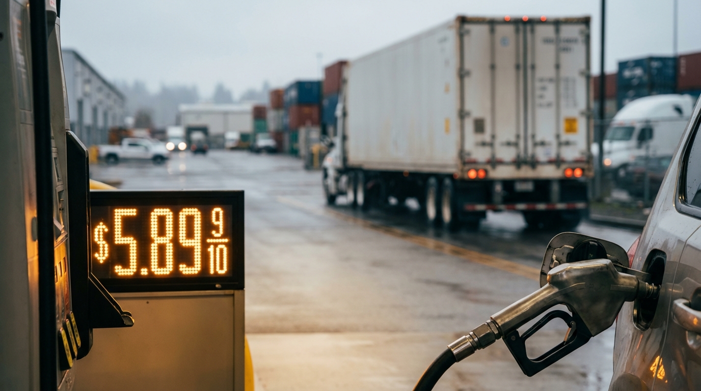 높은 주유소 가격 표시판과 물류 트럭을 통해 유가 상승과 인플레이션을 표현한 이미지