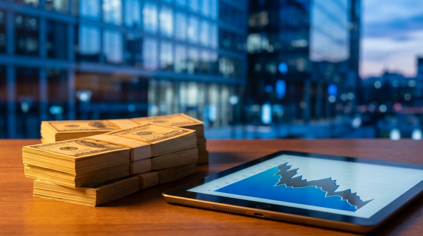 안전 자산인 미국 달러의 강세와 한국 주식 시장의 하락을 대비시켜 보여주는 이미지.