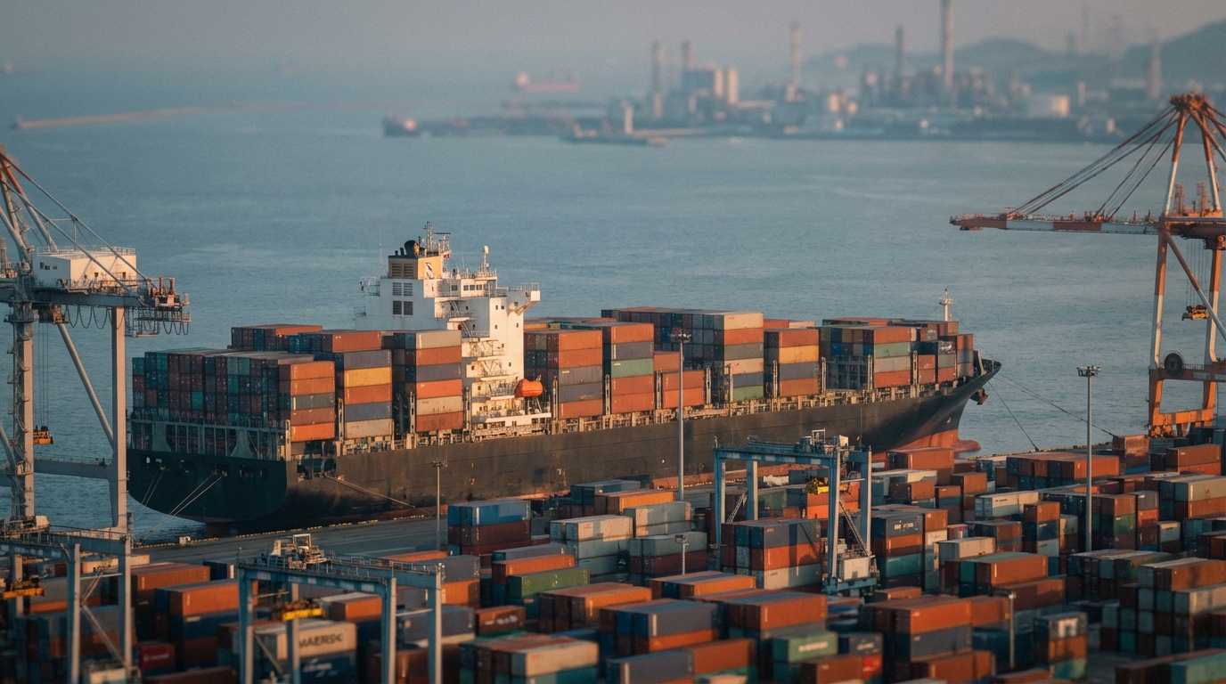 관세 인상으로 인해 수출이 둔화되어 항구에 정박 중인 컨테이너 선박과 적재된 화물들