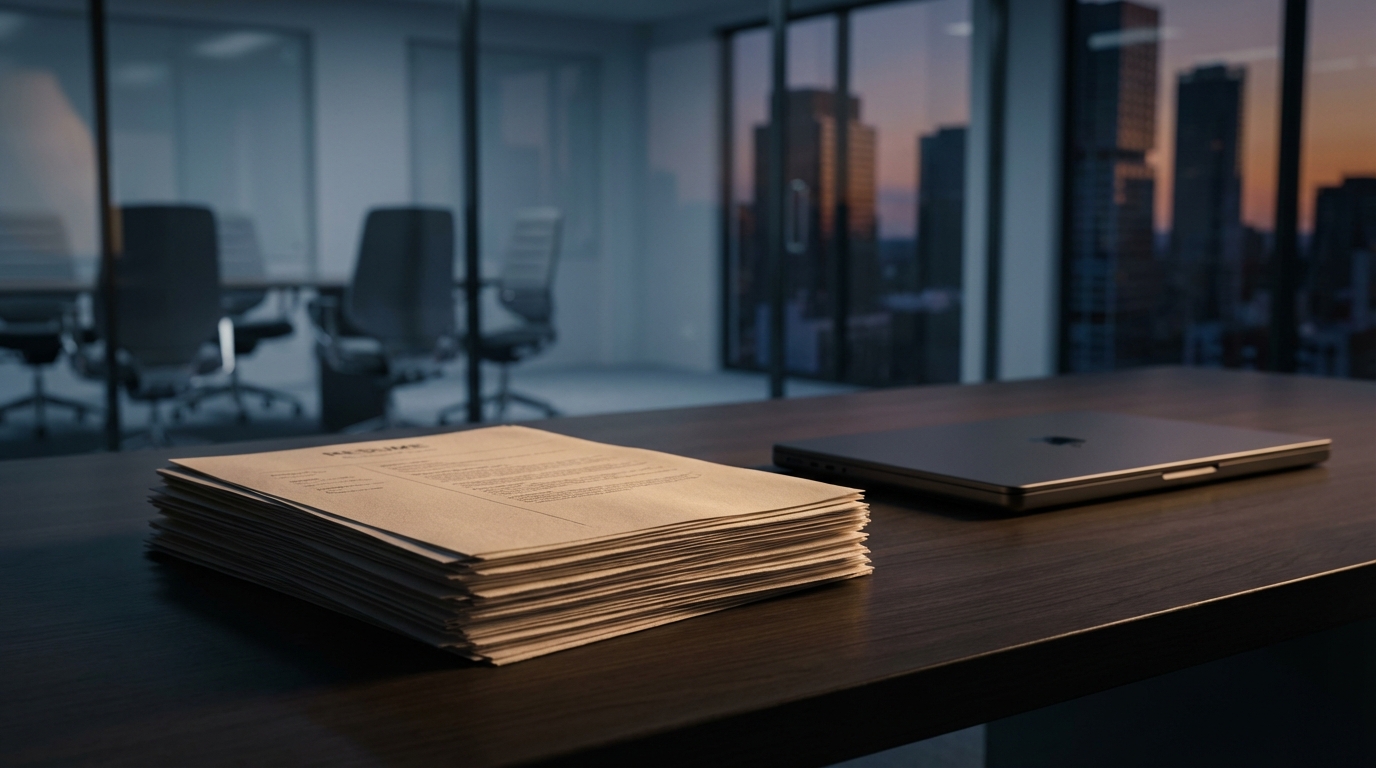 기업의 신규 채용 동결로 인해 사무실 책상 위에 쌓여있는 이력서와 빈 의자