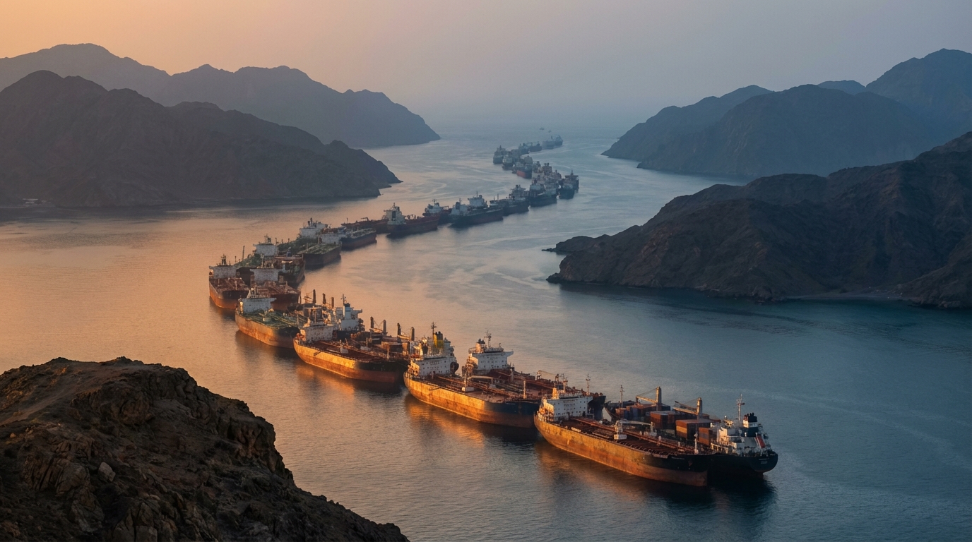 호르무즈 해협의 좁은 수로에 정체되어 있는 대형 유조선과 컨테이너선들의 행렬