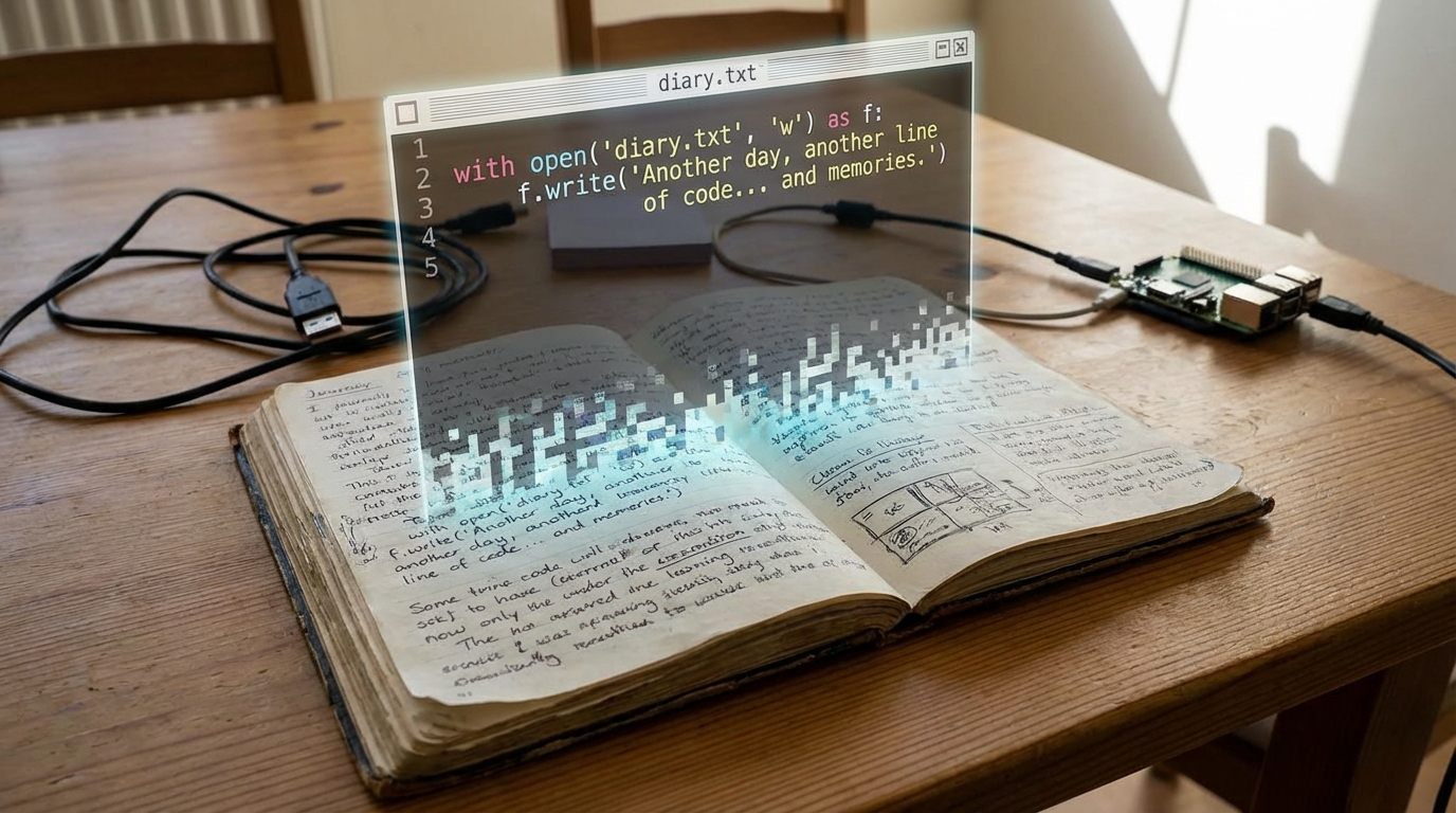 펼쳐진 다이어리 노트와 그 위로 겹쳐 보이는 디지털 텍스트 파일 창, 파일 입출력 저장 개념