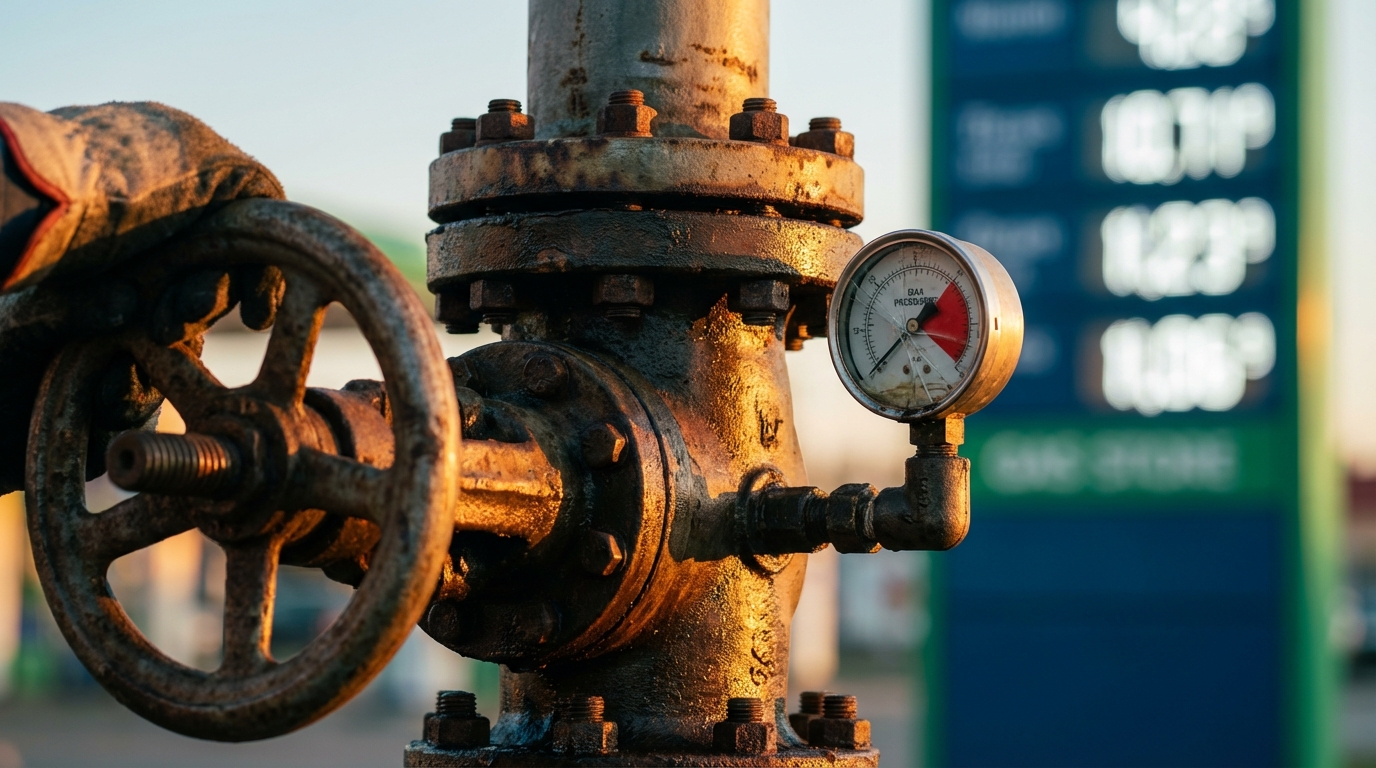 중동 위기로 인한 원유 공급 차질과 유가 상승 압력을 상징하는 산업용 밸브와 압력계 클로즈업 이미지.