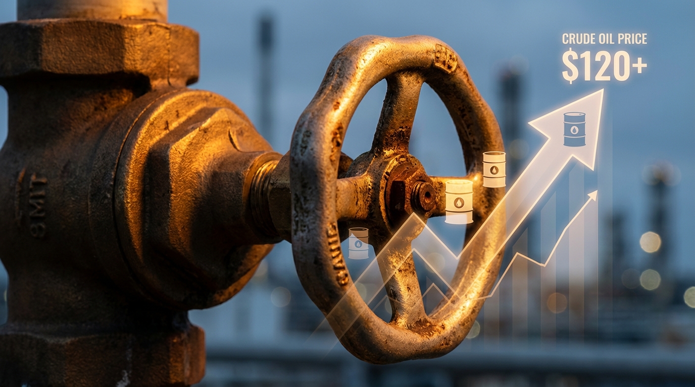 중동 지역의 긴장으로 인해 급상승하는 원유 가격 차트와 이를 상징하는 대형 유조선 밸브가 함께 있는 모습.