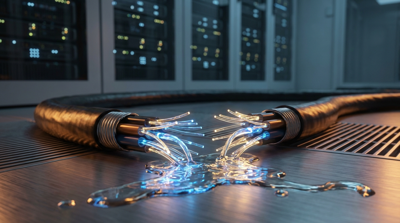 데이터 센터 내 절단된 광케이블에서 데이터가 빛처럼 새어 나오는 모습. 보안 사고를 시각화했다.