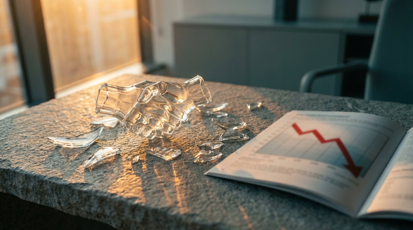 깨진 악수 조각상과 하락하는 재무 그래프. 신뢰 자본의 붕괴와 그로 인한 경제적 손실을 상징한다.