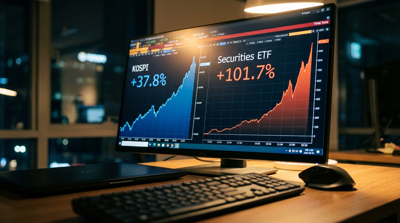 코스피 지수와 증권 ETF 수익률의 큰 차이를 보여주는 금융 데이터 화면