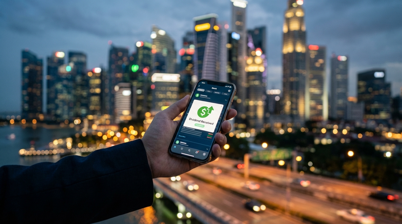 스마트폰 주식 앱에 '배당금 입금' 알림이 뜬 화면을 보여주는 손의 클로즈업 사진.