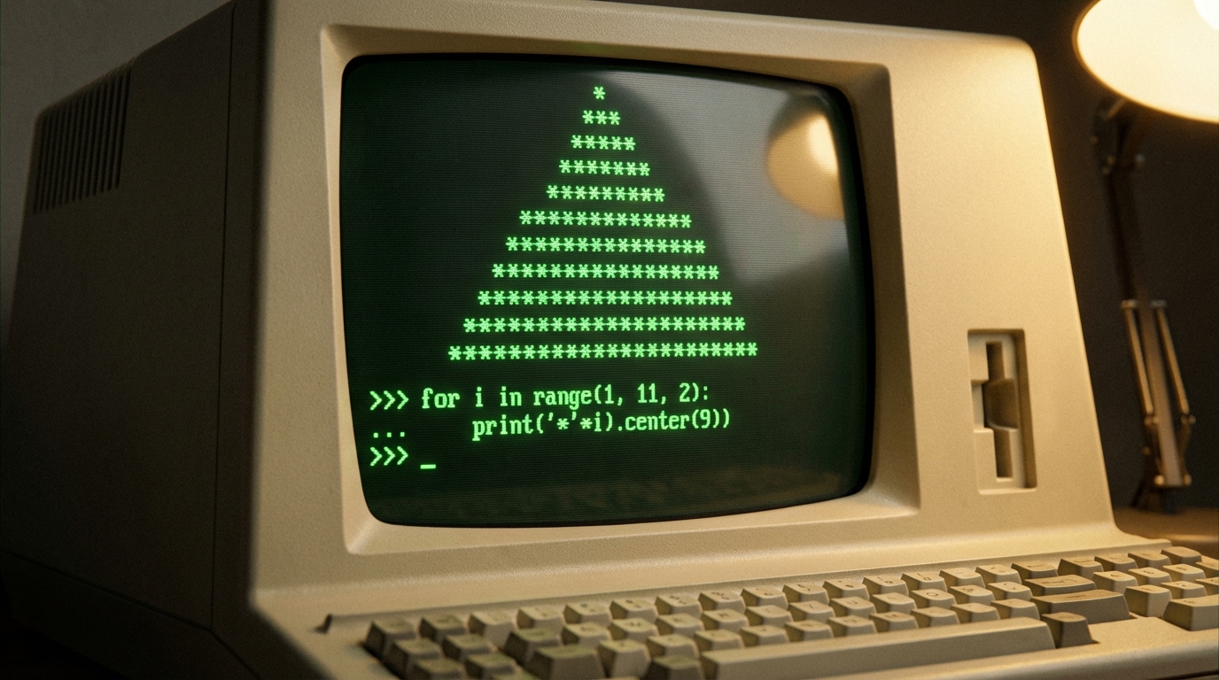 컴퓨터 터미널 화면에 별표(*) 문자로 만들어진 피라미드 모양이 출력된 모습, 반복문 실행 결과