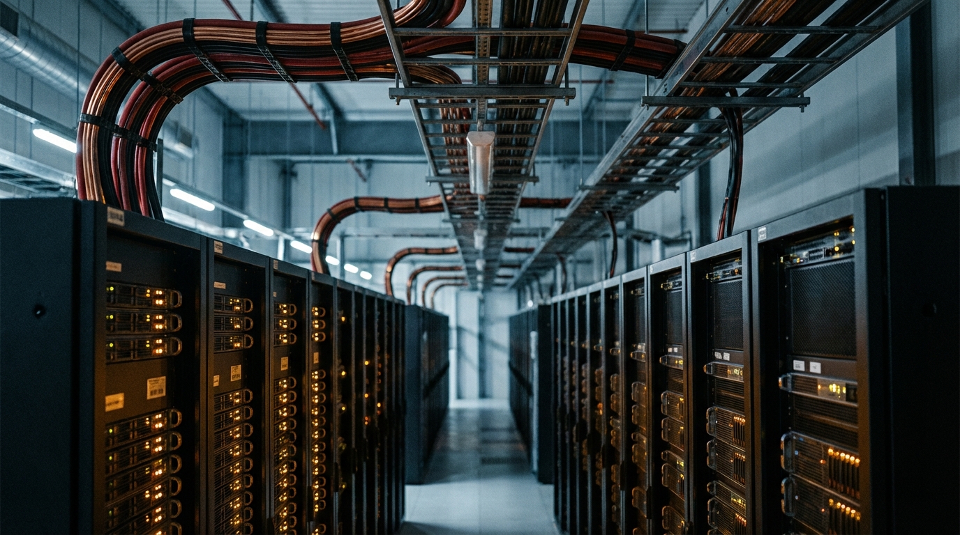 거대한 데이터 센터 서버실 내부의 전경과 천장을 지나는 굵은 전력 케이블