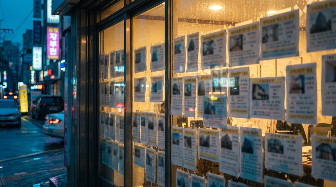 서울의 한 부동산 중개소 유리창에 매물 정보지가 가득 붙어있는 모습