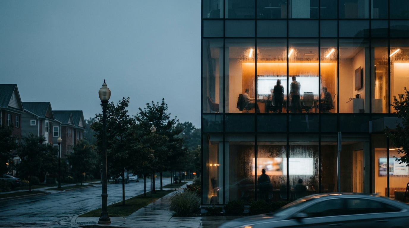 따뜻한 조명이 켜진 사무실 건물 안에서 일하는 사람들의 모습과 창밖으로 보이는 주택가를 대조적으로 표현한 이미지.