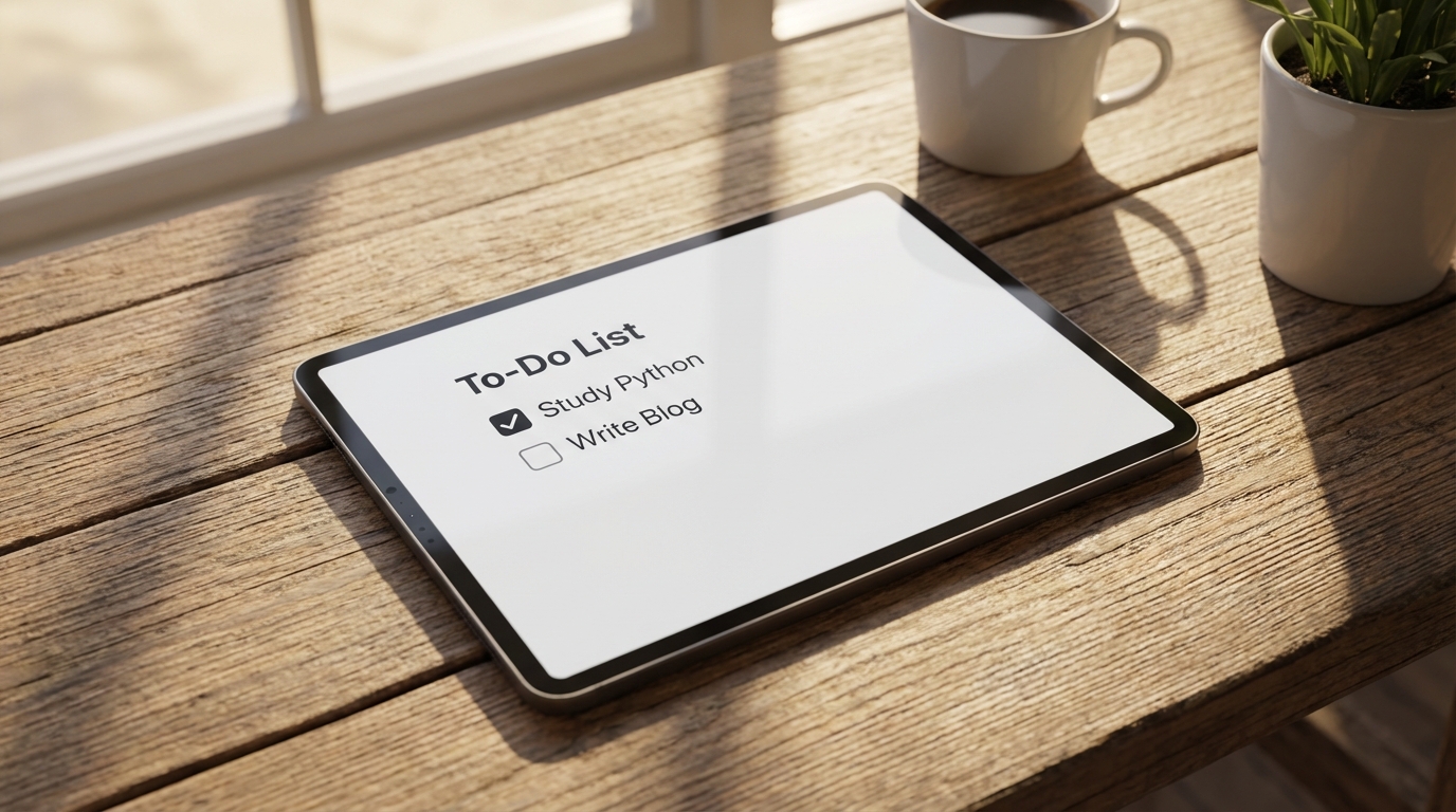 깔끔한 책상 위 태블릿 화면에 표시된 투두 리스트 앱, 파이썬 리스트 자료구조 활용 예시