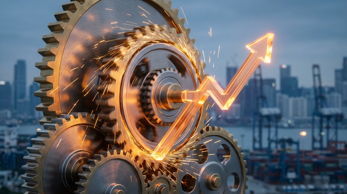 주식 투자를 통한 자산 유동성이 경제 전체에 활력을 불어넣는 메커니즘을 표현한 이미지. 금융 그래프가 경제 엔진의 톱니바퀴를 힘차게 돌리고 있다.