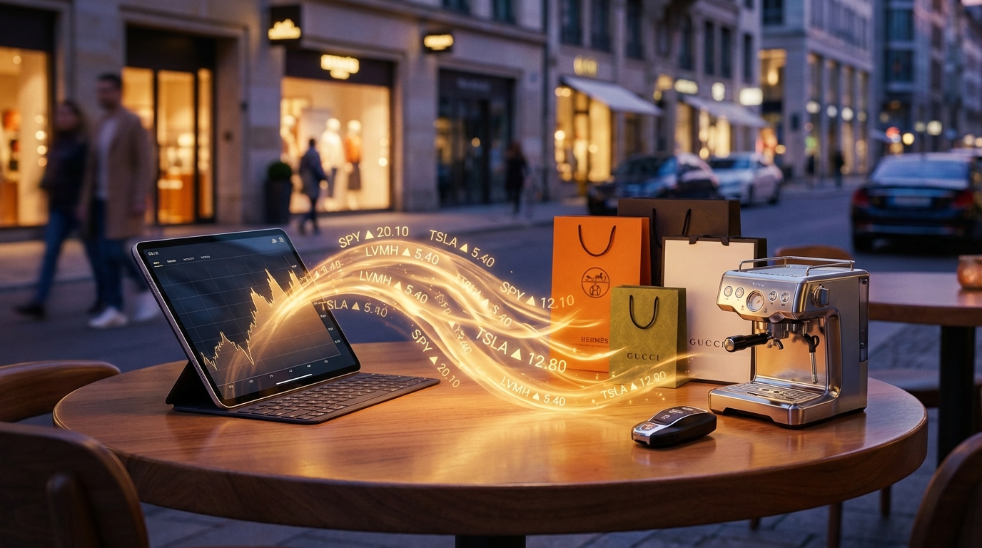 금융 자산 비중이 높아 소비가 활발한 경제 모델을 보여주는 이미지. 디지털 주식 데이터가 흘러나와 즉각적으로 다양한 소비재로 변하는 모습.