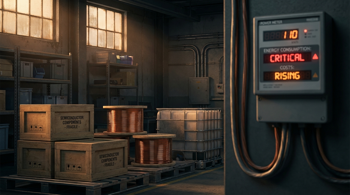 고유가로 인한 생산 비용 상승으로 인해 창고에 쌓여있는 미완성된 반도체 부품과 제조 장비들의 모습.