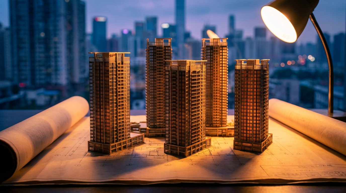 부동산 시장 과열을 우려하는 아파트 건축 모형들이 설계도면 위에서 따뜻한 조명을 받아 빛나고 있는 모습
