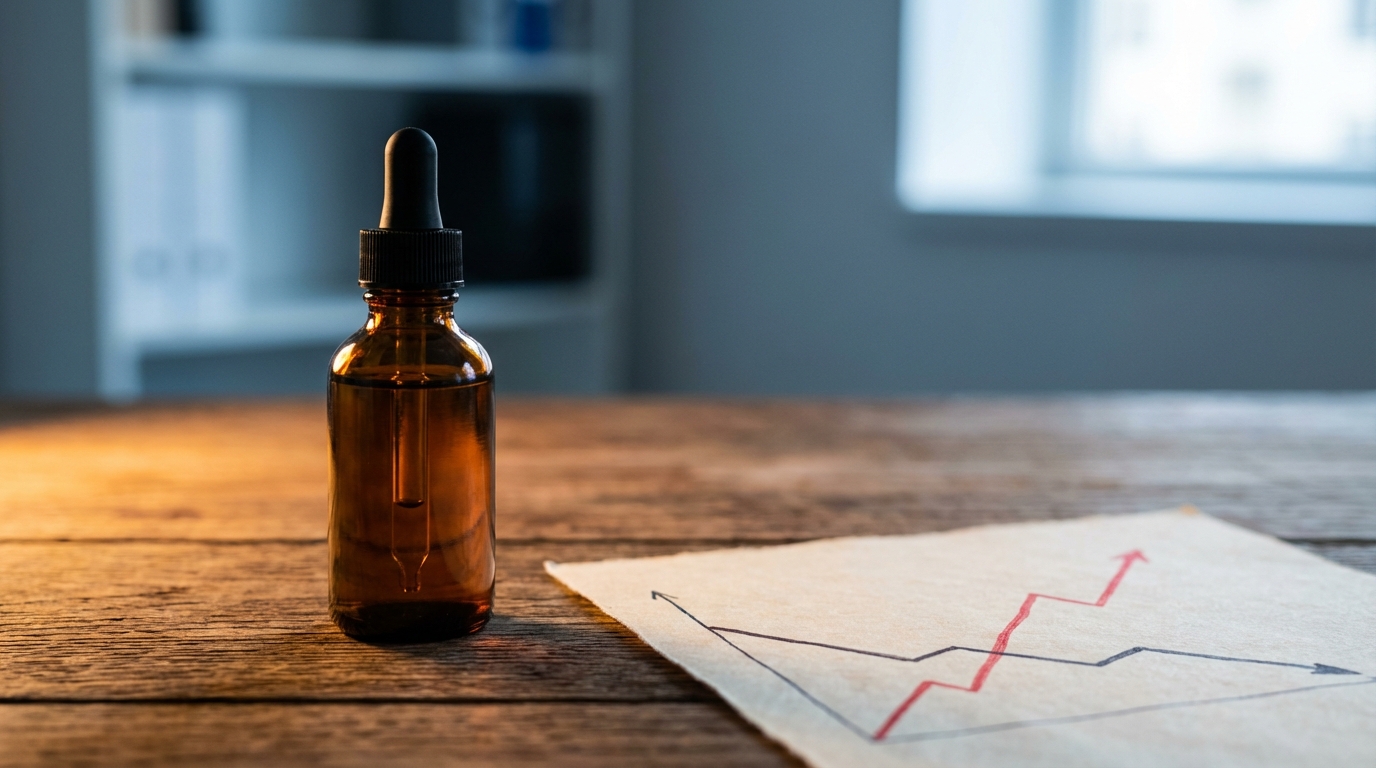 급격한 유가 상승으로 인한 미국 연준의 금리 인하 기대 후퇴를 상징하는, 하락하는 금리 그래프와 대조되는 기름병.