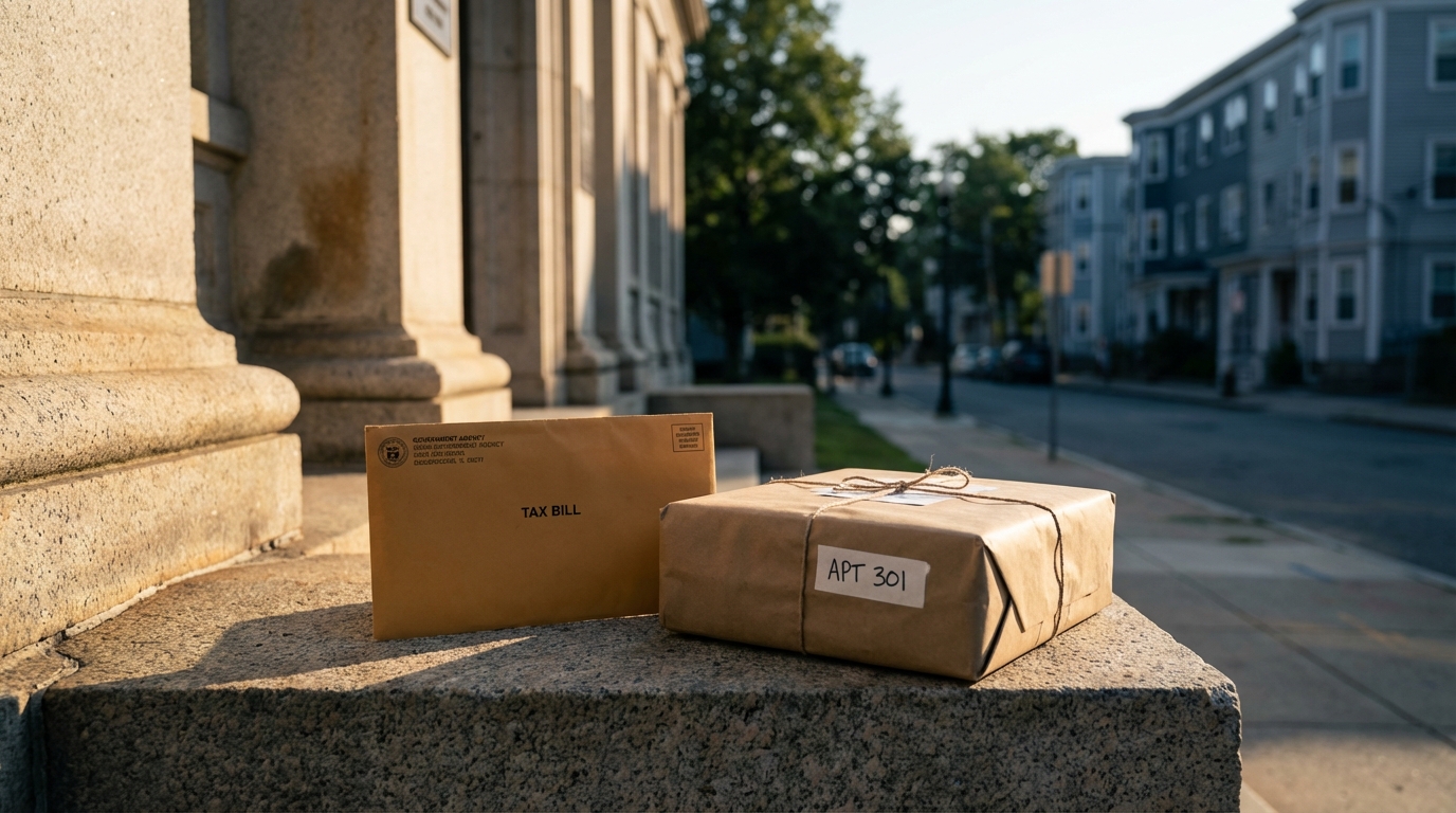 정부 기관 앞에 놓인 세금 고지서와 세입자에게 배달되는 소포