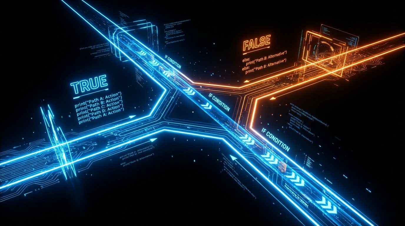 참과 거짓, 두 갈래로 나뉘는 빛나는 네온 사인 갈림길, 파이썬 조건문(if/else)의 논리적 흐름 표현